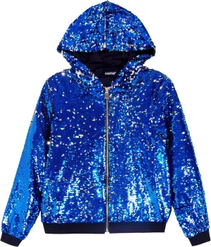 A ARFAR Women Sequin Jackets Flip Glitter Varsity Hooded Sparkly Coat Party Outwear Ladies Shiny Cloth