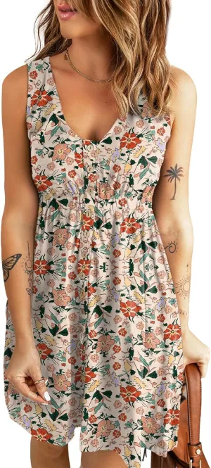 Acelitt Women Summer Casual Sleeveless Button Down Elastic Waist Swing Dresses, XS-2XL