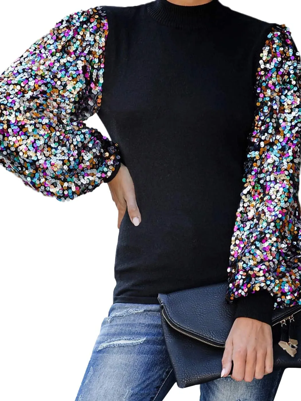 Anna-Kaci Women's Confetti Sequin Balloon Long Sleeve Mock Neck Pullover Sweatshirt