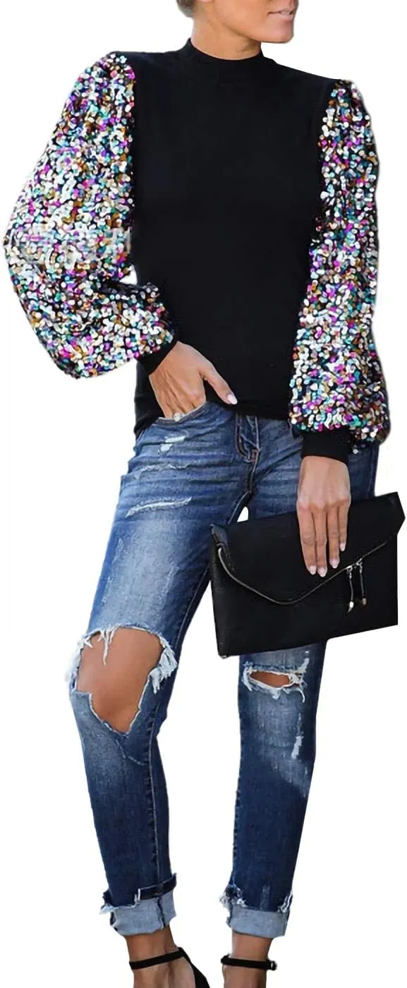 Anna-Kaci Women's Confetti Sequin Balloon Long Sleeve Mock Neck Pullover Sweatshirt