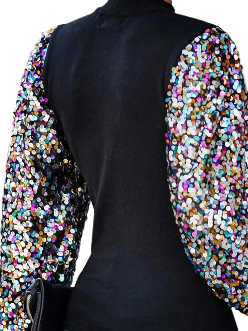 Anna-Kaci Women's Confetti Sequin Balloon Long Sleeve Mock Neck Pullover Sweatshirt