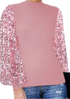 Anna-Kaci Women's Confetti Sequin Balloon Long Sleeve Mock Neck Pullover Sweatshirt