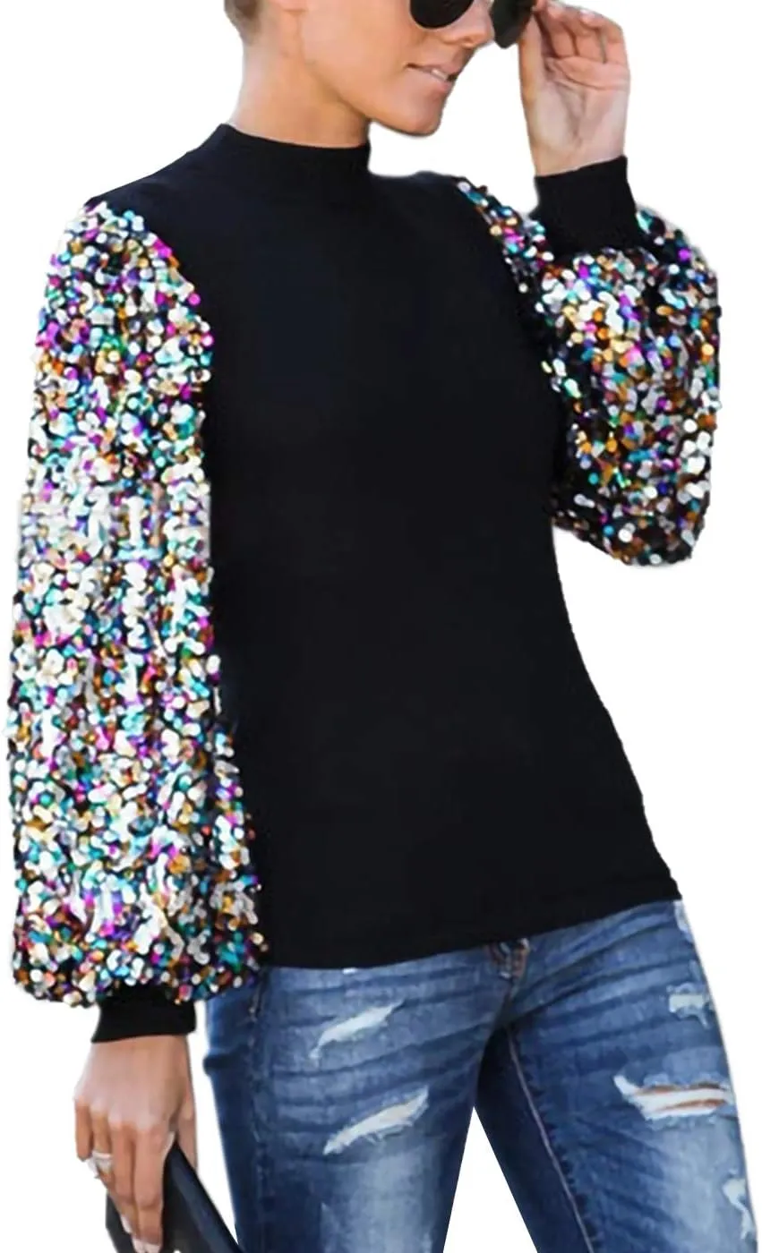 Anna-Kaci Women's Confetti Sequin Balloon Long Sleeve Mock Neck Pullover Sweatshirt