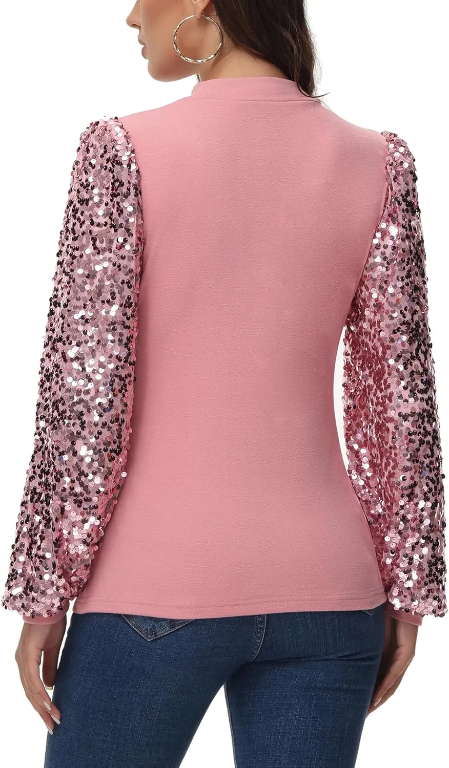 Anna-Kaci Women's Confetti Sequin Balloon Long Sleeve Mock Neck Pullover Sweatshirt