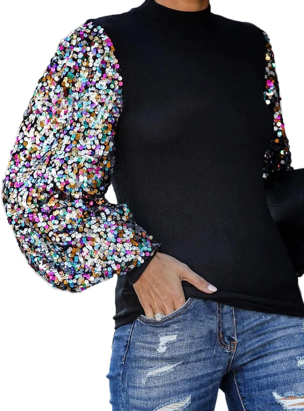 Anna-Kaci Women's Confetti Sequin Balloon Long Sleeve Mock Neck Pullover Sweatshirt