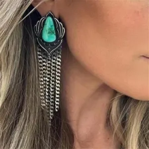 Boho Turquoise Drop Earrings Retro Long Copper Feather Tasse Metal Leaf Dangle Earrings Vintage Country Western Jewelry Cowgirl Ethnic Style Geometric Concert Festival Accessories for Women