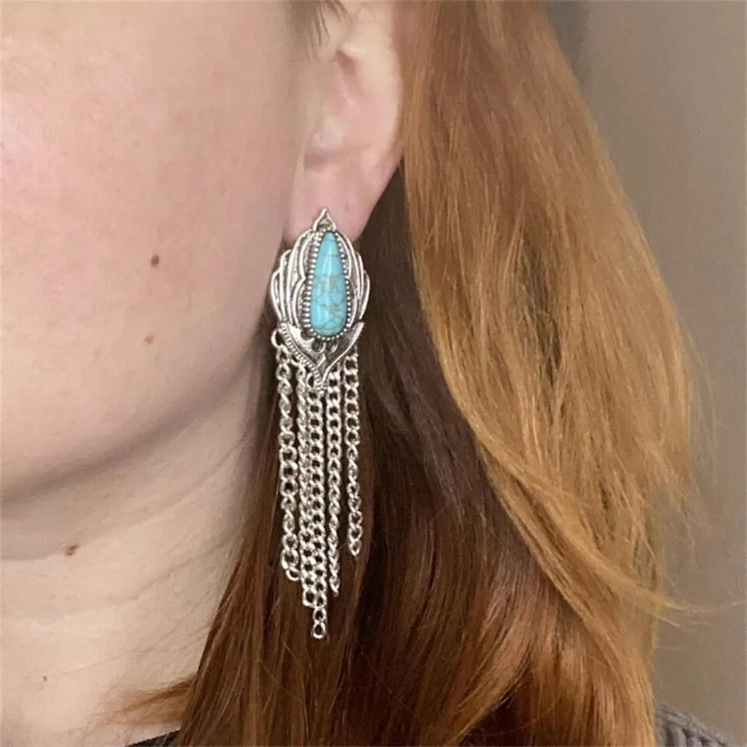 Boho Turquoise Drop Earrings Retro Long Copper Feather Tasse Metal Leaf Dangle Earrings Vintage Country Western Jewelry Cowgirl Ethnic Style Geometric Concert Festival Accessories for Women