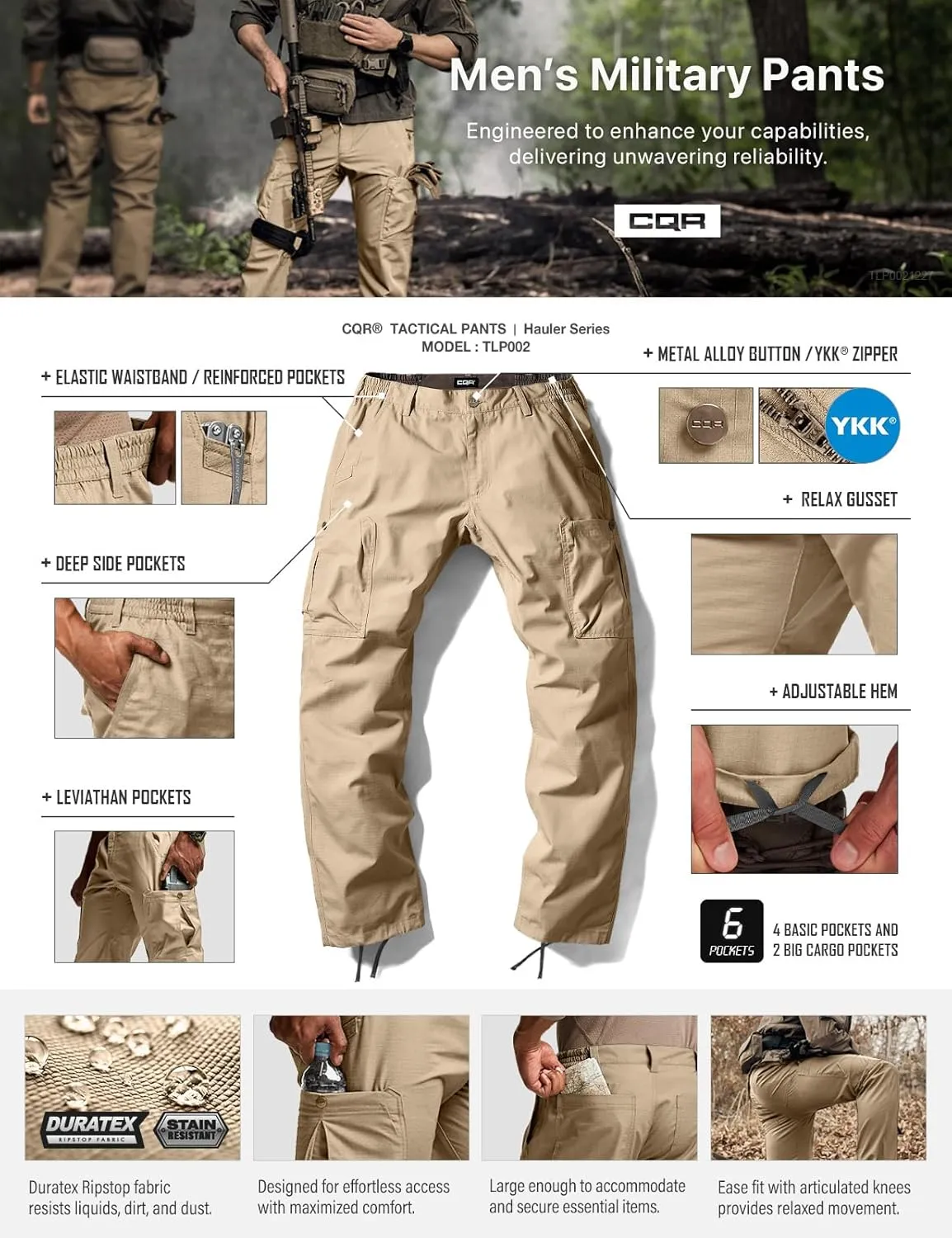 CQR Men's Military Cargo Pants, Water Resistant Ripstop Army Combat Tactical Pants, Outdoor Hunting Hiking EDC Work Pants