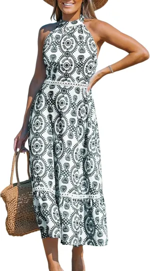 CUPSHE Women's Midi Dress Halter Paisley Sleeveless Cutout Waist Long Beach Boho Summer Dress