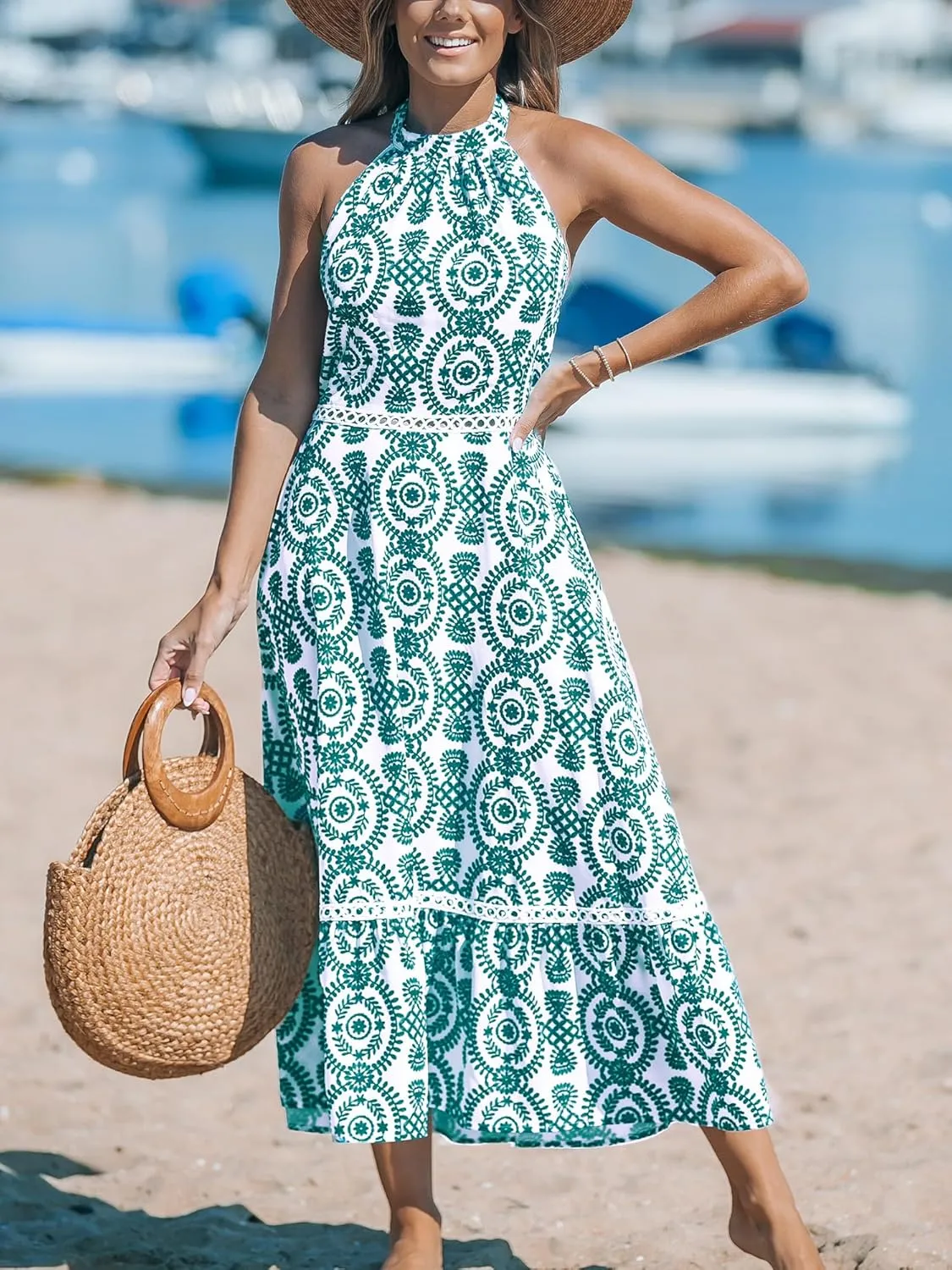 CUPSHE Women's Midi Dress Halter Paisley Sleeveless Cutout Waist Long Beach Boho Summer Dress