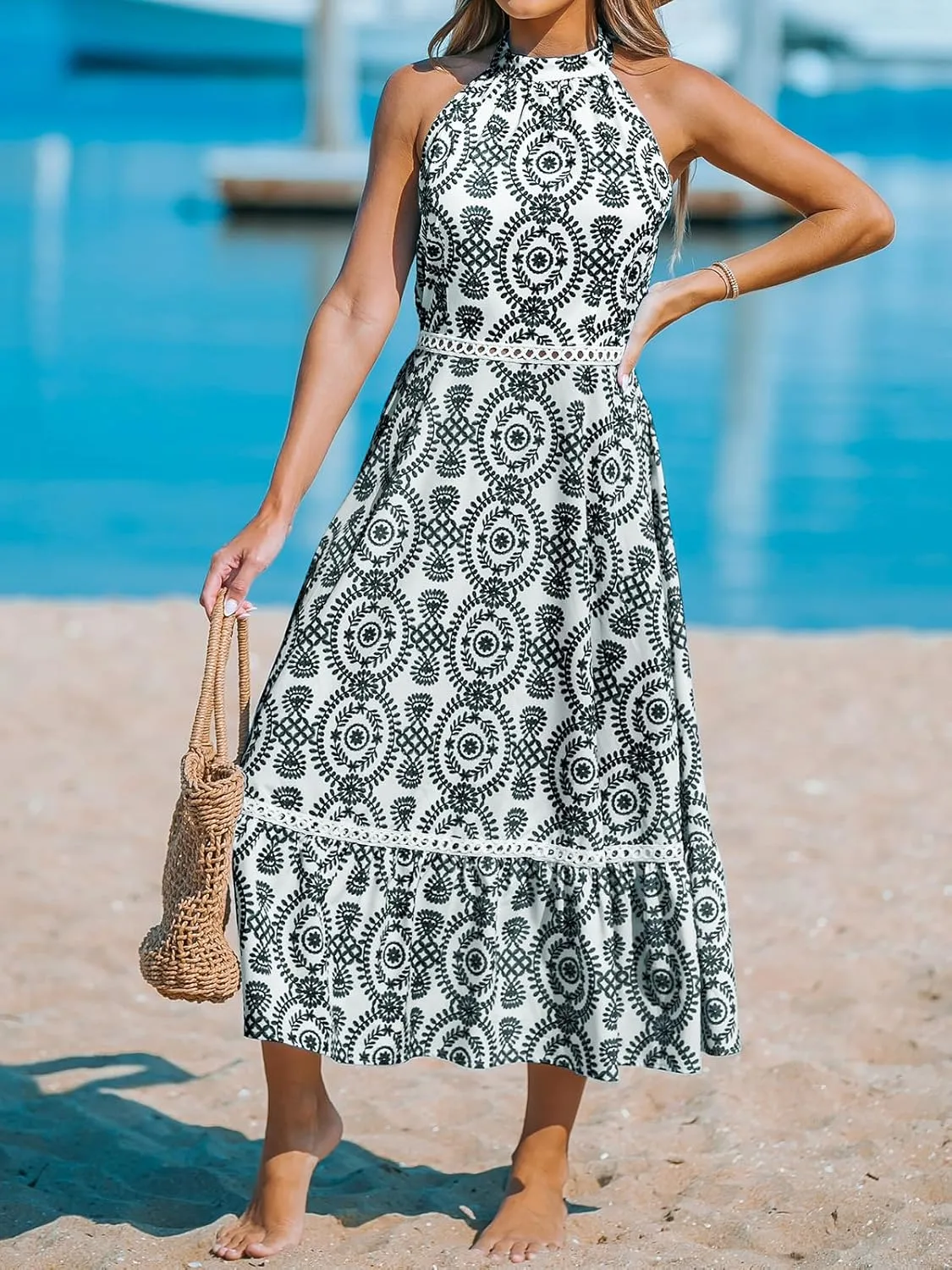 CUPSHE Women's Midi Dress Halter Paisley Sleeveless Cutout Waist Long Beach Boho Summer Dress
