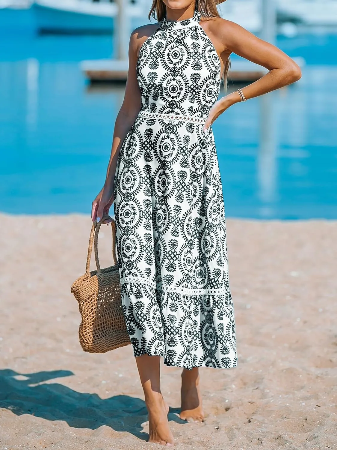 CUPSHE Women's Midi Dress Halter Paisley Sleeveless Cutout Waist Long Beach Boho Summer Dress