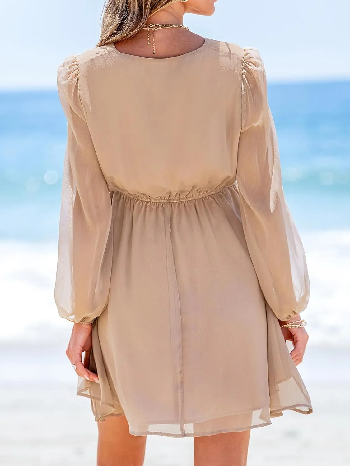 CUPSHE Women's Mini Dresses Casual Spring V Neck Chiffon Long Peasant Sleeves Flowy Summer Dress