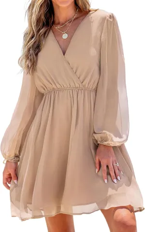 CUPSHE Women's Mini Dresses Casual Spring V Neck Chiffon Long Peasant Sleeves Flowy Summer Dress