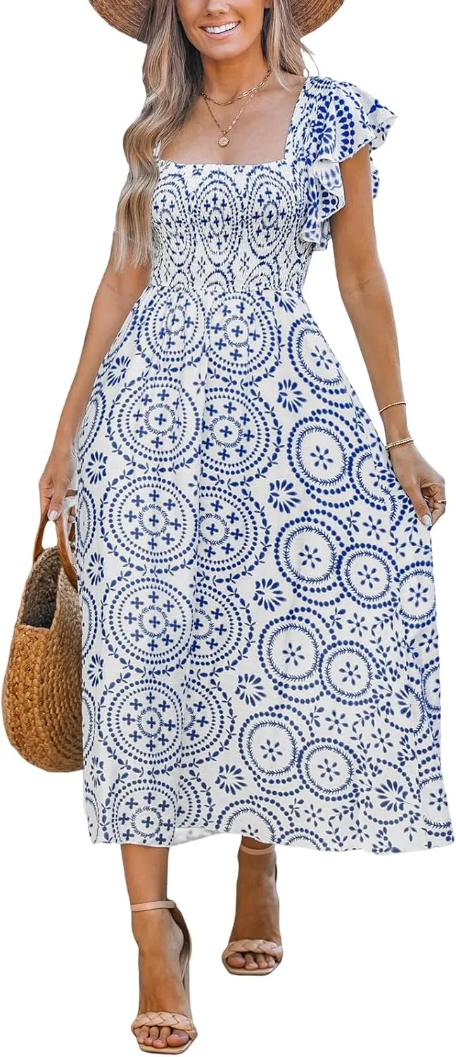 CUPSHE Women's Summer Midi Dress Paisley Square Neck Short Flutter Sleeve Smocked Dresses