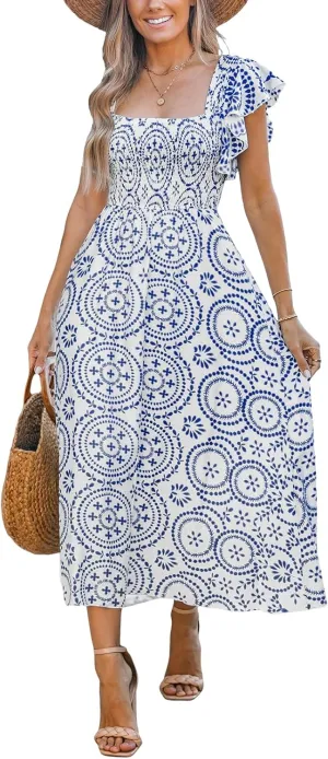 CUPSHE Women's Summer Midi Dress Paisley Square Neck Short Flutter Sleeve Smocked Dresses