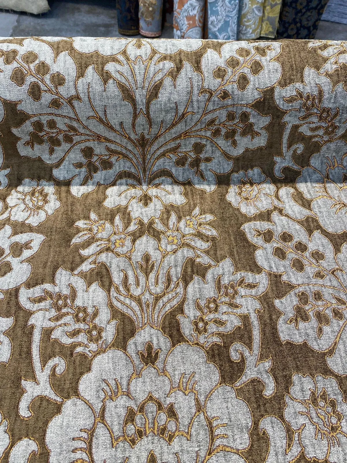 Elagrace Bronze Floral Damask Chenille Upholstery Fabric By The Yard