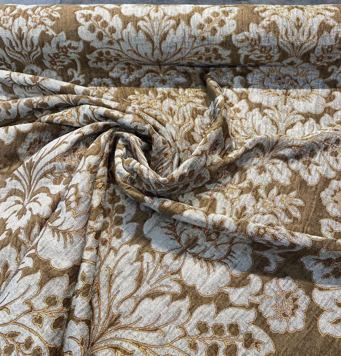 Elagrace Bronze Floral Damask Chenille Upholstery Fabric By The Yard