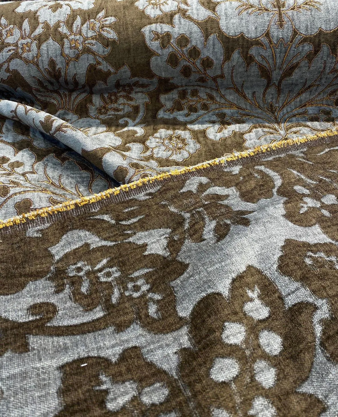 Elagrace Bronze Floral Damask Chenille Upholstery Fabric By The Yard