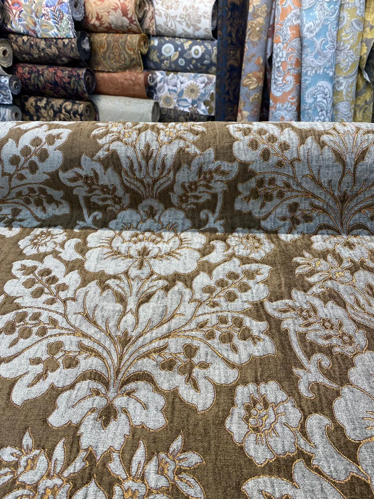 Elagrace Bronze Floral Damask Chenille Upholstery Fabric By The Yard