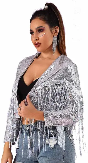 EVILD Women Sequins Tassel Bomber Jackets Glitter Long Sleeve Jacket Sparkly Open Front Party Bomber Blazers