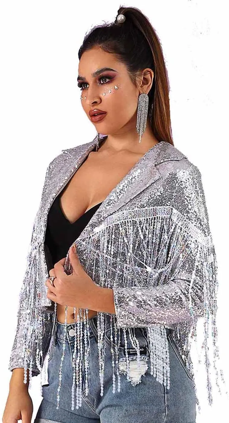 EVILD Women Sequins Tassel Bomber Jackets Glitter Long Sleeve Jacket Sparkly Open Front Party Bomber Blazers