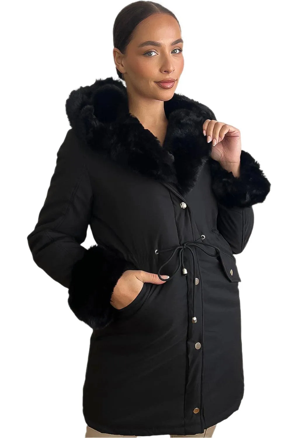 Faux Fur Lining Drawstring Waist Winter Jacket