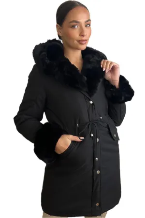 Faux Fur Lining Drawstring Waist Winter Jacket