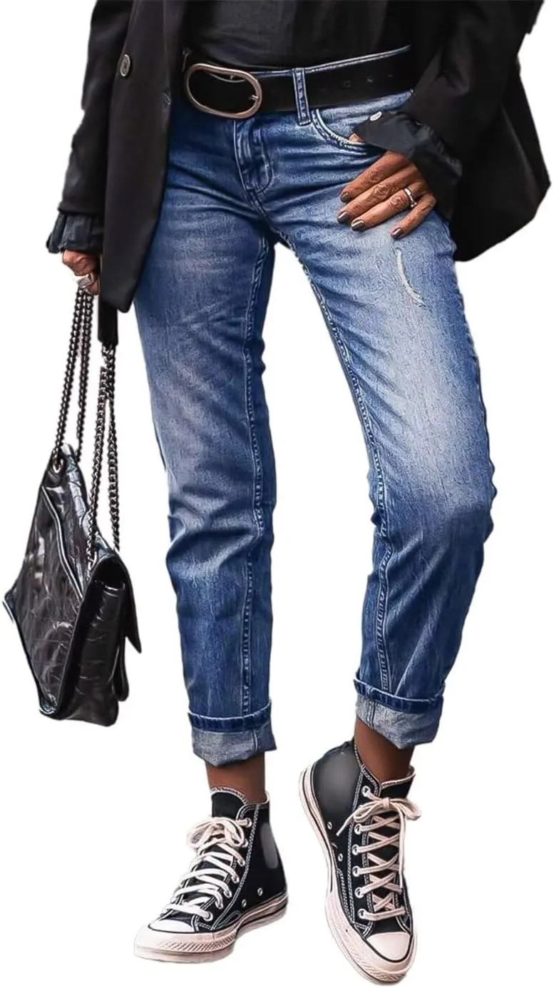 Flamingals Cropped Straight Leg Mid Rise Boyfriend Ripped Wash Roll Hem Denim Jeans