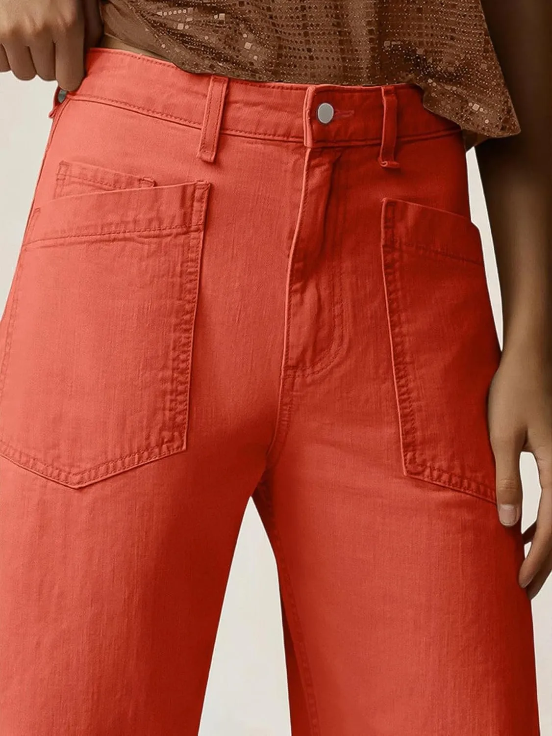 Flamingals Wide Straight Leg Mid Rise Baggy Pocket Denim Jeans Without Belt