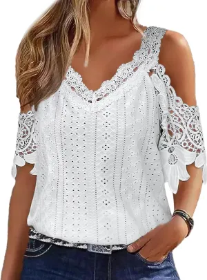 Flamingals Women's Cold Shoulder Eyelet Short Sleeve Hollow Out Lace Floral Sleeveless Blouse Top