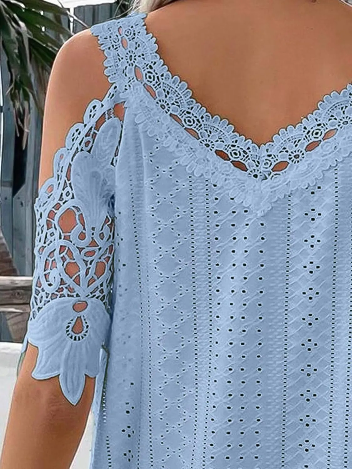Flamingals Women's Cold Shoulder Eyelet Short Sleeve Hollow Out Lace Floral Sleeveless Blouse Top