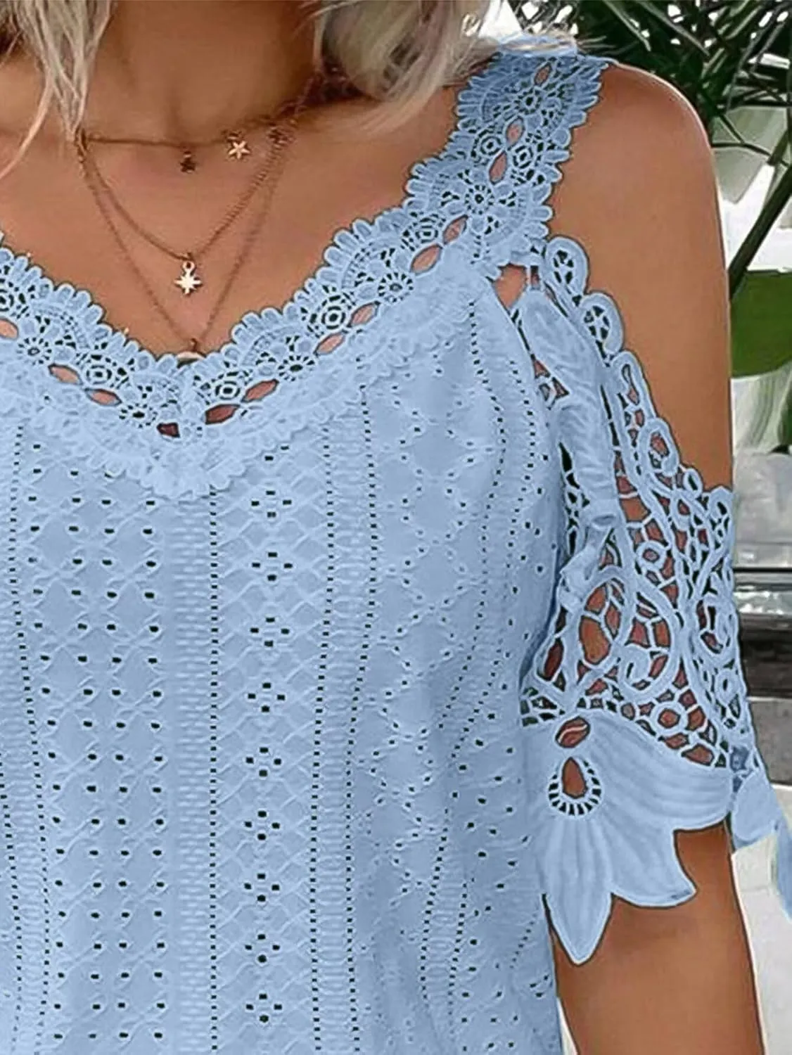 Flamingals Women's Cold Shoulder Eyelet Short Sleeve Hollow Out Lace Floral Sleeveless Blouse Top