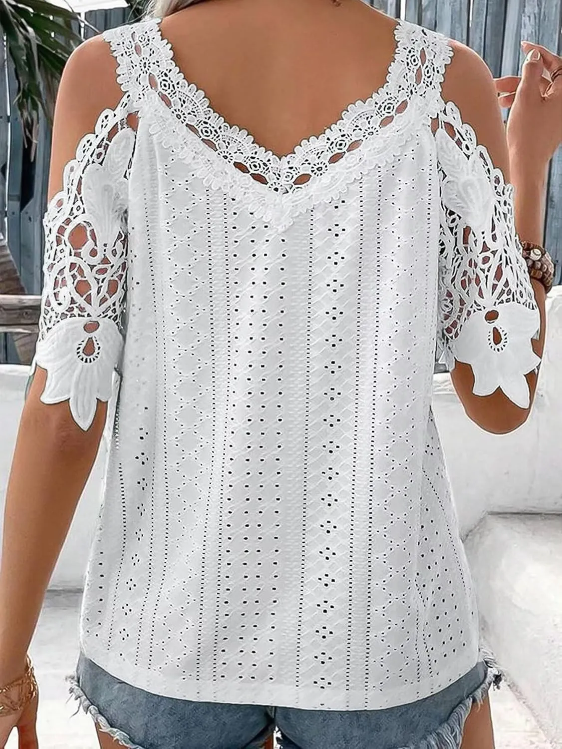 Flamingals Women's Cold Shoulder Eyelet Short Sleeve Hollow Out Lace Floral Sleeveless Blouse Top