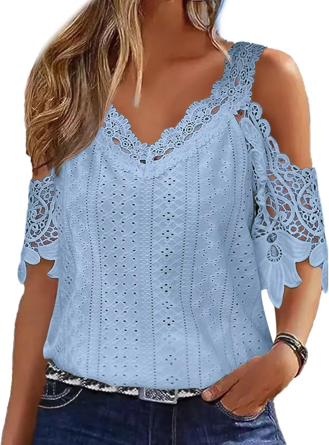 Flamingals Women's Cold Shoulder Eyelet Short Sleeve Hollow Out Lace Floral Sleeveless Blouse Top