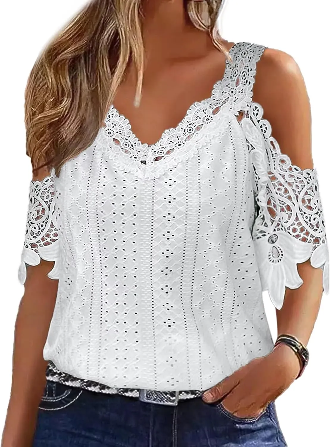 Flamingals Women's Cold Shoulder Eyelet Short Sleeve Hollow Out Lace Floral Sleeveless Blouse Top