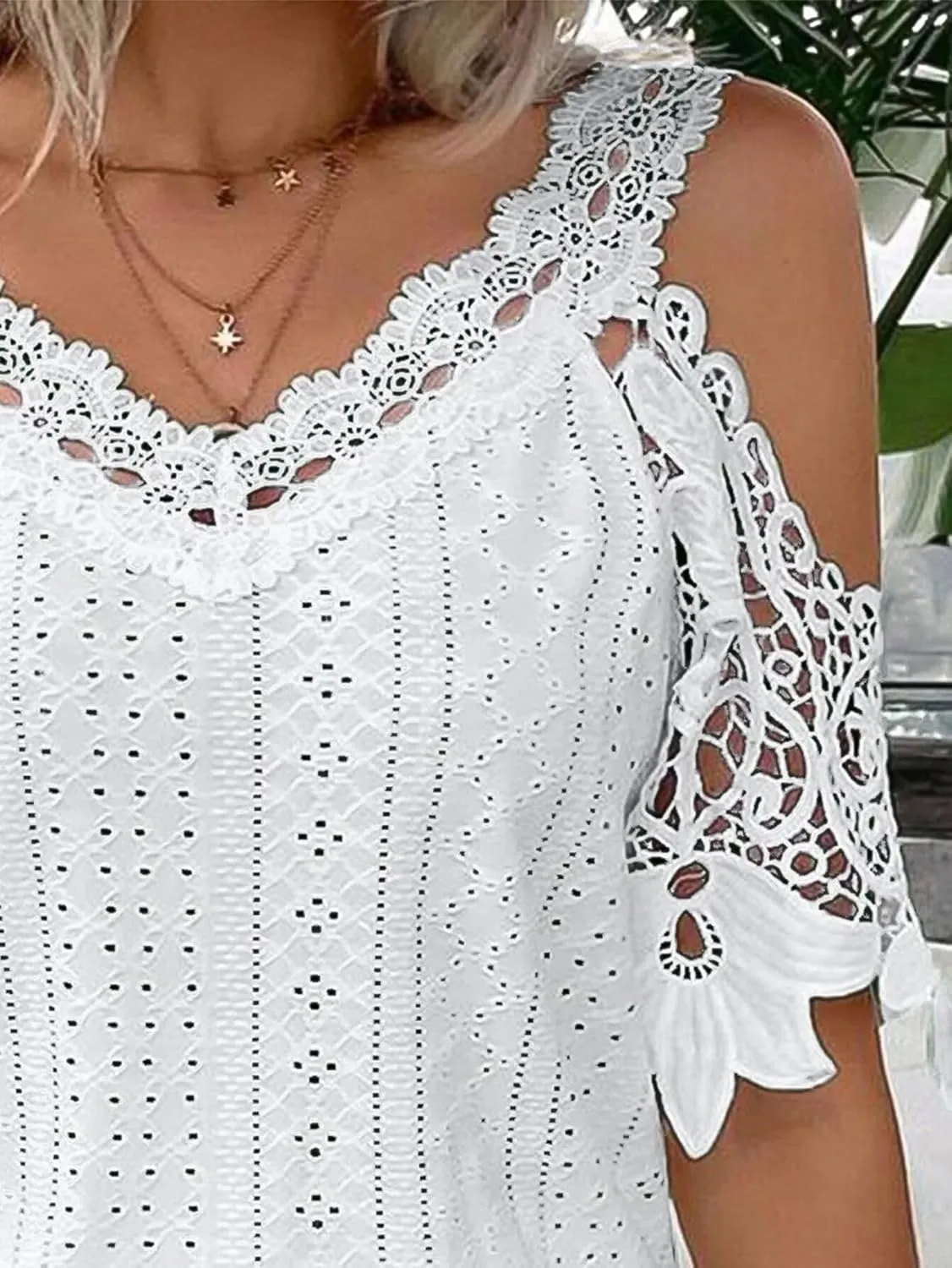 Flamingals Women's Cold Shoulder Eyelet Short Sleeve Hollow Out Lace Floral Sleeveless Blouse Top