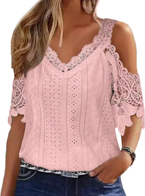 Flamingals Women's Cold Shoulder Eyelet Short Sleeve Hollow Out Lace Floral Sleeveless Blouse Top