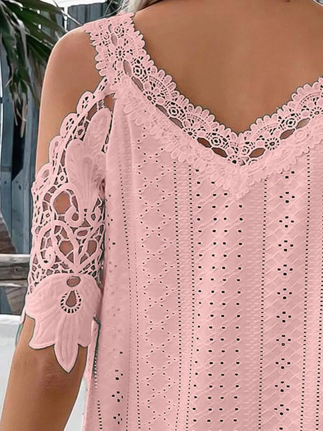 Flamingals Women's Cold Shoulder Eyelet Short Sleeve Hollow Out Lace Floral Sleeveless Blouse Top