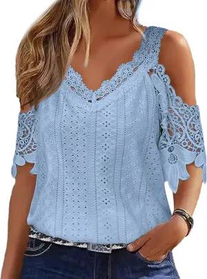 Flamingals Women's Cold Shoulder Eyelet Short Sleeve Hollow Out Lace Floral Sleeveless Blouse Top