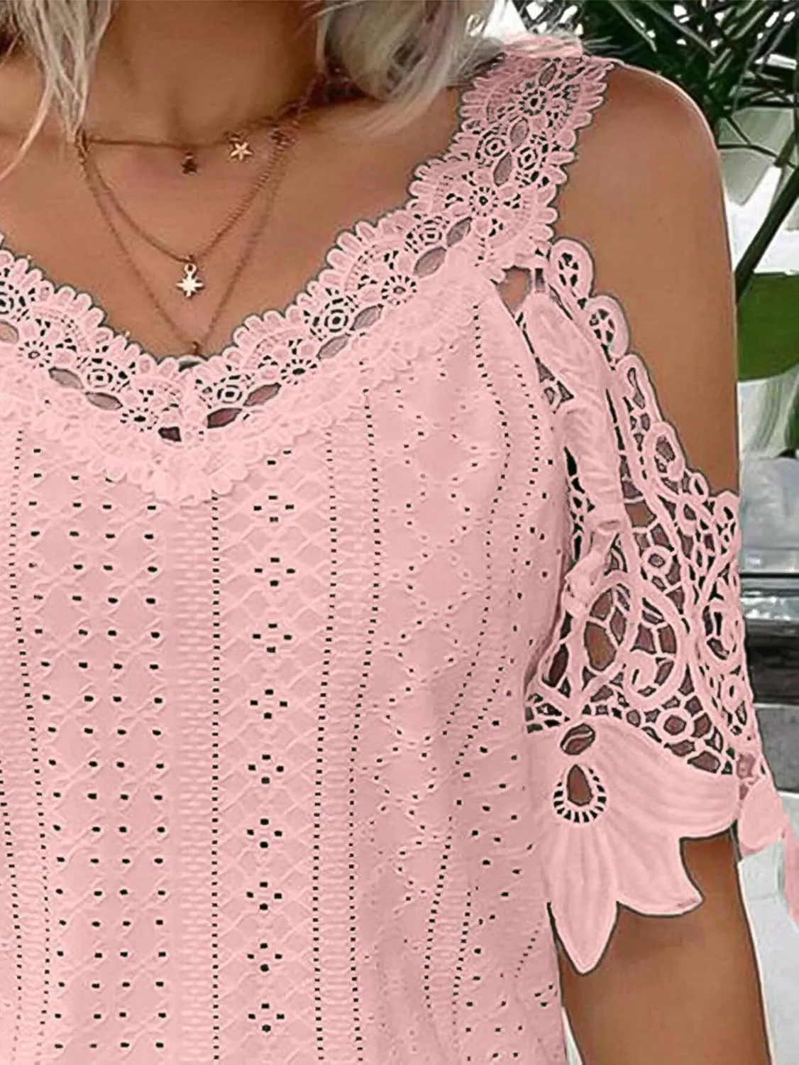 Flamingals Women's Cold Shoulder Eyelet Short Sleeve Hollow Out Lace Floral Sleeveless Blouse Top