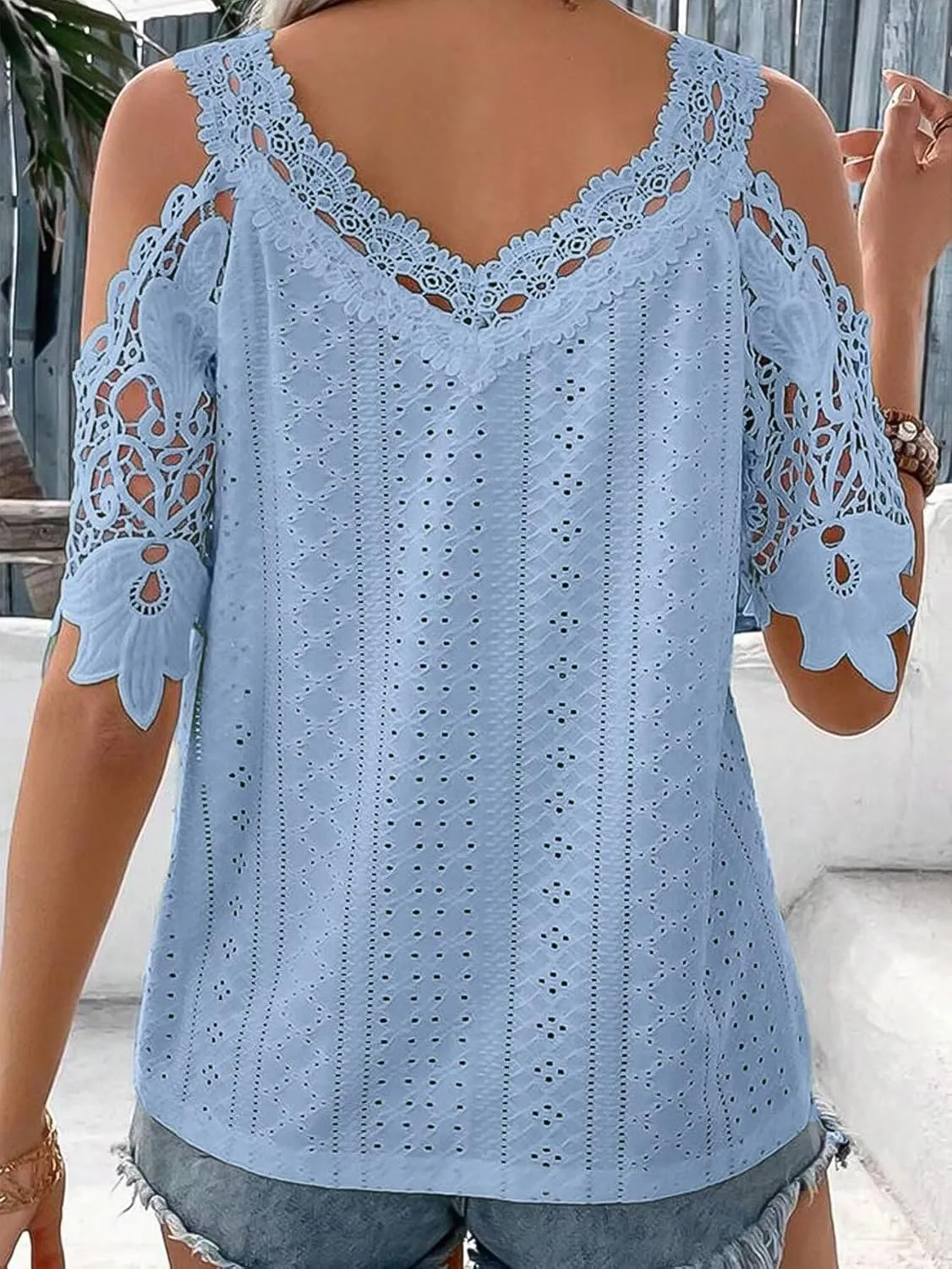 Flamingals Women's Cold Shoulder Eyelet Short Sleeve Hollow Out Lace Floral Sleeveless Blouse Top