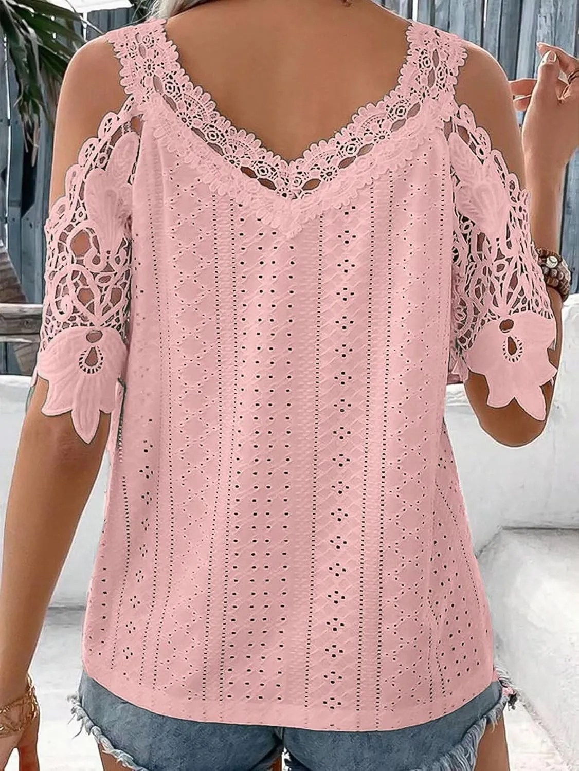 Flamingals Women's Cold Shoulder Eyelet Short Sleeve Hollow Out Lace Floral Sleeveless Blouse Top