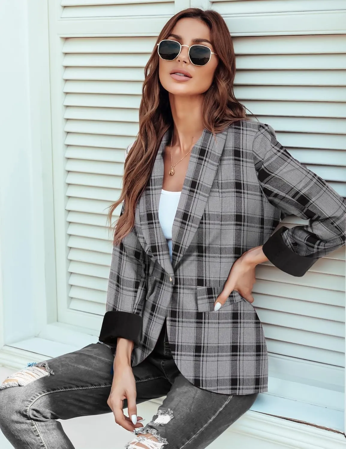 Genhoo Blazer Jackets for Women Open Front Long Sleeve Work Office Casual Blazers with Pockets S-2XL