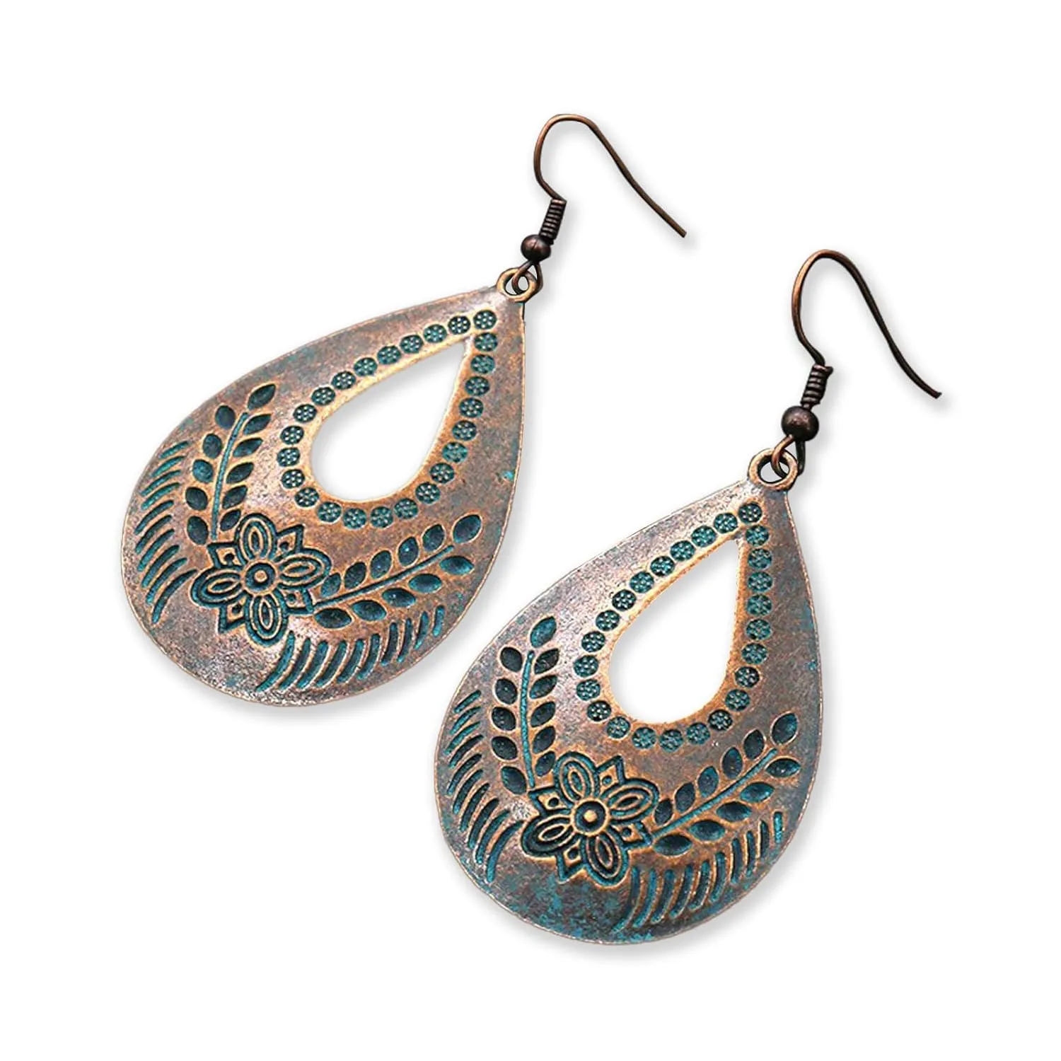 Handmade Boho Vintage Teardrop Earrings Bohemian Hammered & Engraved Earrings Boho Antiqued Earrings Unique Antique Bronze Tribal Ethnic Teardrop Shaped Drop Dangle Earrings For Women Girls (Style 1)