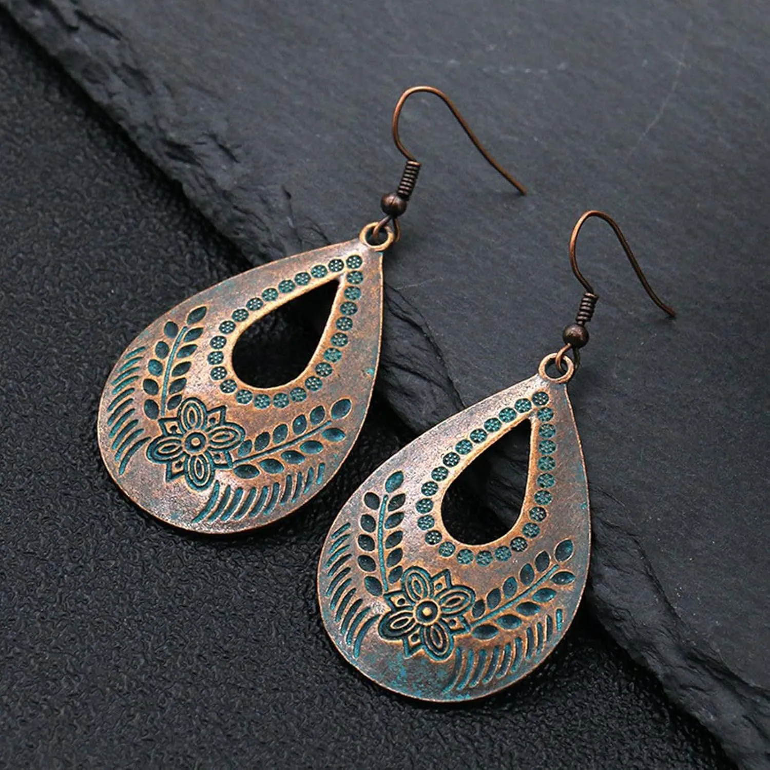 Handmade Boho Vintage Teardrop Earrings Bohemian Hammered & Engraved Earrings Boho Antiqued Earrings Unique Antique Bronze Tribal Ethnic Teardrop Shaped Drop Dangle Earrings For Women Girls (Style 1)
