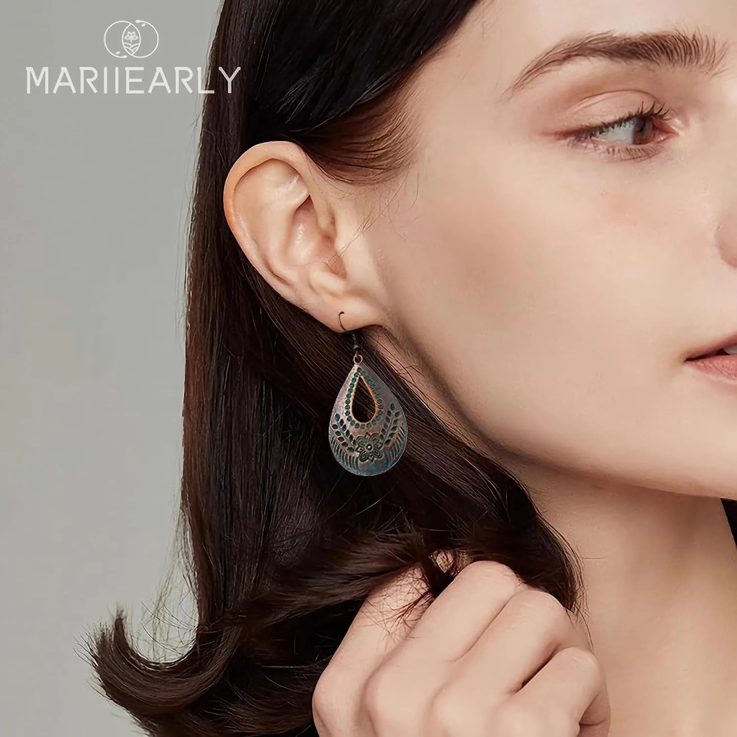 Handmade Boho Vintage Teardrop Earrings Bohemian Hammered & Engraved Earrings Boho Antiqued Earrings Unique Antique Bronze Tribal Ethnic Teardrop Shaped Drop Dangle Earrings For Women Girls (Style 1)