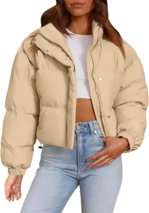 Imily Bela Womens Cropped Puffer Jackets Long Sleeve Stand Collar Coats Quilted Zipper Outerwear