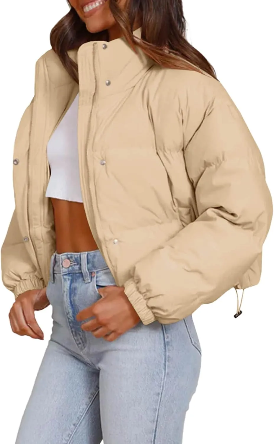 Imily Bela Womens Cropped Puffer Jackets Long Sleeve Stand Collar Coats Quilted Zipper Outerwear