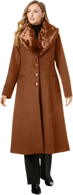 Jessica London Women's Plus Size Long Wool-Blend Coat With Faux Fur Collar